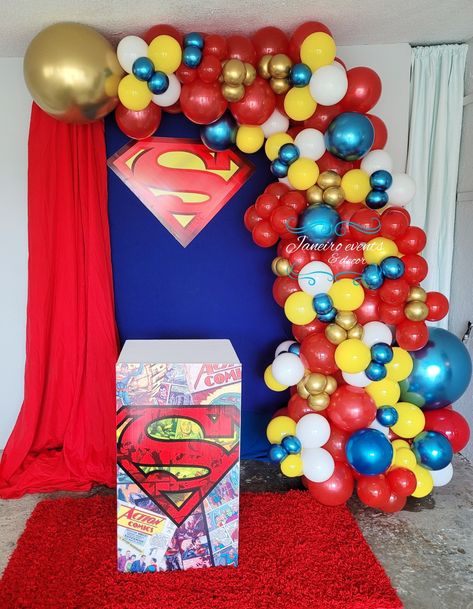 Superman Party Ideas Decoration, Super Man Birthday Party Ideas, Superman Balloon Decorations, Superman Decorations Ideas, Superman Backdrop, Superman Themed Birthday Party, Superman Birthday Party Cake, Superman Birthday Party Decorations, Superman Party Ideas