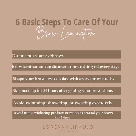 Aftercare Brow Lamination, What Is Eyebrow Lamination, How To Do Brow Lamination, Brow Lamination After Care Instructions, Eyebrow Post For Instagram, Pmu Instagram Content, Brow Lamination Captions, Eyebrow Lamination Aftercare, Brow Lamination Business