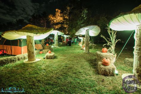 DIY Giant Mushrooms - video included - They can be used in a variety of ways  - for Alice in Wonderland themes, Dr. Suess themes, weddings, theater, festivals, garden parties, a Halloween haunted garden, and more. These giant mushrooms range in size from 5ft tall to 10ft tall. They are made using wood, chicken wire, cheesecloth, 2-part spray foam, paint and spandex Haunted Garden, Halloween Alice In Wonderland, Wood Chicken, Alice In Wonderland Garden, Giant Mushroom, Foam Paint, Alice In Wonderland Theme, Alice In Wonderland Tea Party, Hay Bales