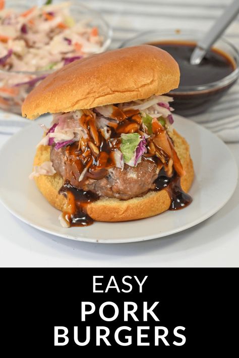 These Pork Burgers will make you forget all about the beef patty! It brings smoky, savory goodness and a flavorful tang. They are made with ground pork infused with the rich flavors of barbecue sauce and spices. This burger is a juicy, flavorful alternative to the classic version. Pork Burgers Recipes Ground, Crunchy Cole Slaw, Pork Burgers Recipes, Sausage Burgers, Pan Seared Pork Chops, Burger Specials, Easy Burgers, Seared Pork Chops, Delicious Slow Cooker Recipes