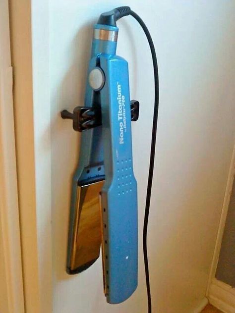 Wall mounted drawer handle makes a great flat iron holder! Decorating A Mobile Home, Best Flat Iron, Straightener Holder, Flat Iron Holder, Wall Mounted Hair Dryer, Iron Storage, Flat Irons, Iron Holder, Vanity Organization