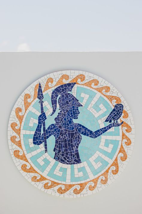 Mosaic Greek Goddess Athena at Meandros Boutique & Spa Hotel in Zakynthos Island, Greece. Artist: Linda Rinke/ Tílde Mosaic. Photo: Amalija Andersone. Recycled ceramic tiles on wood. #mosaic #mosaico #Greece #GreekGoddess #Athena #trencadis #tildemosaic #lindarinke Mosaic Art Greek, Mosaic Tile Art Ideas, Greek Mosaic Art, Greek Tiles, Greek Mosaic, Greece Design, Most Beautiful Photos, Blue Glass Tile, The Off Season