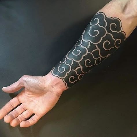 Japanese Cloud Tattoo Design Arm, Coin Size Tattoo, Black Cloud Tattoo, Japanese Cloud Tattoo, Cloud Tattoo Sleeve, Black Sleeve Tattoo, Geometric Sleeve Tattoo, Blackout Tattoo, Cloud Tattoo