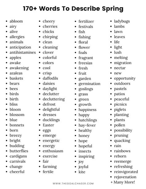 The spring season is a time of new beginnings, when plants start to grow, and flowers begin to bloom. It's also a time of cleaning, as people often take advantage of the warmer weather to do some much needed organizing and decluttering. For many, spring is a time of hope, as the days begin to get longer, and the weather gets nicer. It's a time to start fresh and set new goals. Words To Describe Flowers, Words To Describe Nature, April Journal Ideas Writing Prompts, Body Shaming Quotes, Shame Quotes, Words To Describe People, Spring Vocabulary, Motivational Poems, Negative Words