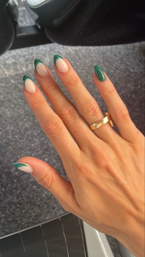 Thanksgiving Nail Ideas Green, Olive Green Nails French Tip, French Nails Forest Green, Green Acrylics Almond, Nails That Match Dark Green Dress, Sage Green Nails French Tip, Shellac Green Nails, Green And Gold French Tips, Mail Inspo 2023 Winter