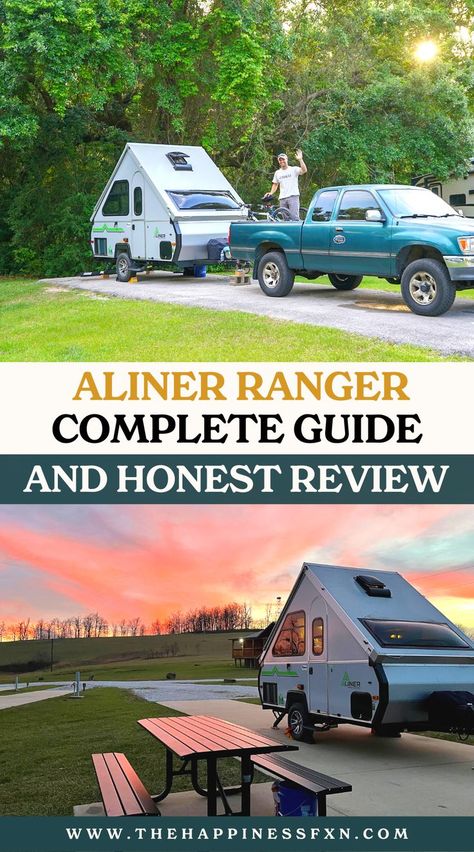 top image: man standing in back of truck and campsite with Aliner camper; bottom photo: Aliner camper at campsite with sunset Aliner Camper Ideas, Camper Storage Ideas, Aliner Campers, Camping In A Tent, Trailer Camping, Travel Trailer Camping, Camper Storage, Small Campers, Rv Accessories