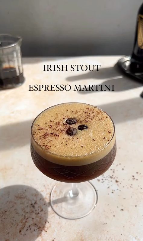 Irish Stout Espresso Martini — Join Jules Join Jules, Espresso Martini Recipe, Unique Cocktails, Espresso Beans, Beer Cocktails, Tea Bar, Coffee Cocktails, Chocolate Shavings, Espresso Martini