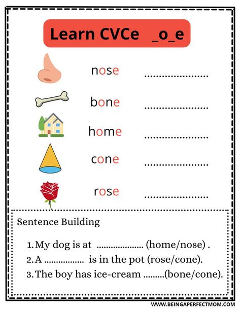 Learn CVCe (_o_e) words with examples of words and sentences with pictures. This is a reference for your homeschool resource. O Words, Sentence Building, Magic E, E Words, Word Sentences, Phonics Reading, Homeschool Resources, Phonics, Preschool