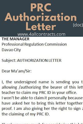 Professional Regulation Commission authorization letter      (adsbygoogle = window.adsbygoogle || []).push({});      (adsbygoogle = window.adsbygoogle || []).push({}); Download this example of sample PRC Authorization Letter in doc format for free download.Extract :Dear Ma’am/Sir:I, the undersigned name is sending you this letter as notification that I amallowing /authorizing the bearer of this letter, Mrs. Rosemarie P. Atup my co-teacher to claim my PRC ID in your office.I won’t be able to Classroom Observation Form, Rental Lease Agreement, Authorization Letter, Room Rental Agreement, Classroom Observation, Cleaning Contracts, Wedding Photography Contract, Rent To Own Homes, Photography Contract