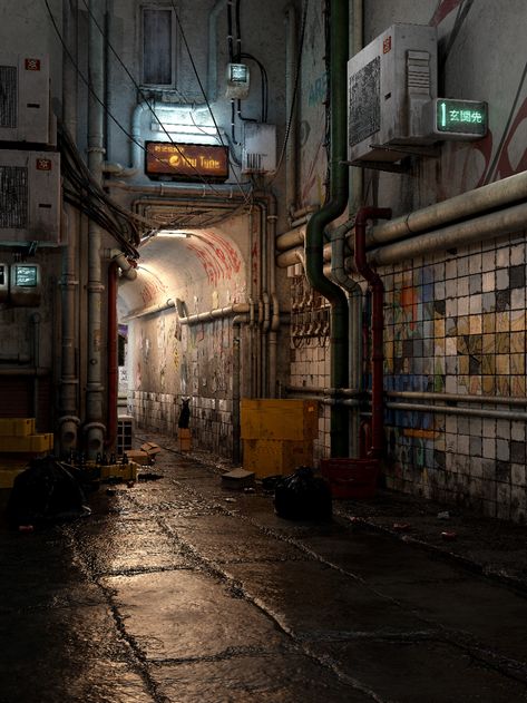 Enviroment Concepts, Cyberpunk Environment, Kowloon Walled City, Alley Way, The Legend Of Sleepy Hollow, Cyberpunk Aesthetic, Cyberpunk City, Walled City, Urban Setting