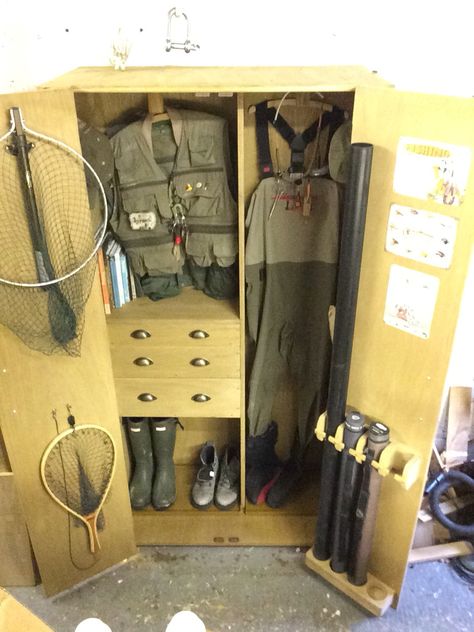 Fishing Wader Storage, Fly Fishing Gear Storage, Fly Fishing Storage, Fishing Gear Storage Ideas, Fishing Storage Ideas, Gear Storage Ideas, Fishing Cabinet, Storage Room Ideas, Hunting Room Design