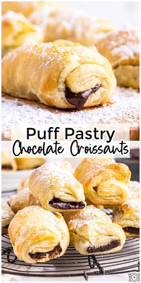 Croissants From Puff Pastry, Corsant Recipes, Chocolate Croissant Cookies, Frozen Puff Pastry Recipes Desserts, What To Make With Pastry Sheets, Chocolate Croissants Recipe, Pastry Puff Dessert, Chocolate Croissant Recipe Puff Pastry, Frozen Pastry Dough Recipes