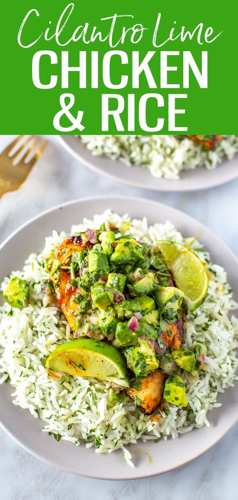 Cilantro Lime Chicken and Rice {Best Marinade} Chicken Recipes With Cilantro Lime Rice, Chili Lime Chicken And Rice Meal Prep, Cilantro Lime Rice Recipe Dinners, Cilantro Lime Chicken Dinner Ideas, Healthy Lime Chicken Recipes, Cilantro Rice And Chicken, Cilantro Lime Chicken Meal Prep, Chicken Rice And Avocado, Cilantro Lime Rice Dinner Ideas