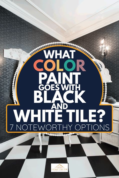 What Color Paint Goes With Black And White Tile? [7 Noteworthy Options] Black And White Tile With Wallpaper, White Kitchen Black Floor Tiles, Black White Tiled Bathroom, Black White And Color Bathroom, Black And White Tile Basement Floor, Bathrooms With Black And White Checkered Floor, Black And White Bathroom Tile Decor, Dark Bathroom White Tiles, Black And White Bathroom Pop Of Color