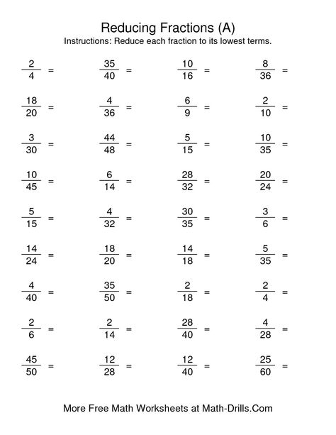 The Reducing Fractions to Lowest Terms (A) math worksheet from the Fractions Worksheet page at Math-Drills.com. Free Fraction Worksheets, Reducing Fractions, Math Fractions Worksheets, 3rd Grade Fractions, Simplifying Fractions, Adding Fractions, 4th Grade Math Worksheets, Free Printable Math Worksheets, Math Drills