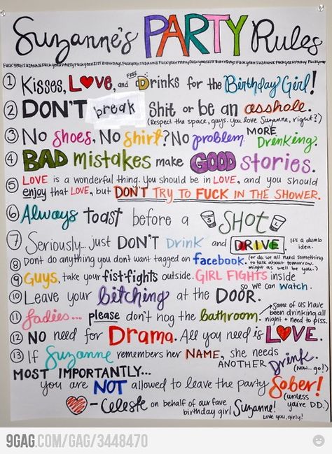 21st birthday rules! This reminds me of me and @Morgan Hancock's bday... "THERE WILL BE NO FIGHTING UNLESS I WANT TO FIGHT SOMEONE" hahah @Jessica Barry Party Rules Poster, House Party Rules, Party Rules, 21st Bday Ideas, Rules Poster, 21st Party, Birthday Party 21, 18th Birthday Party, Birthday Planning