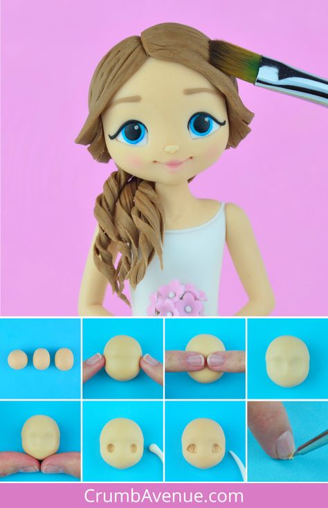 Fondant Figures Tutorial People, Fondant People Tutorial, Fondant Hair, Fondant Face Tutorial, Fondant Girl, Fondant People, Fondant Figures Tutorial, Fondant Cake Topper, Cake Topper Tutorial