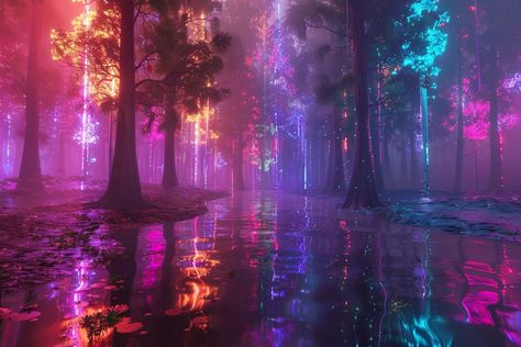 Neon Holographic Frostfire enchanted forest, reflective surfaces, atmospheric effects, color spectrum play --ar 3:2 Colorful Forest Aesthetic, Makoto Kagutsuchi, Colorful Night Sky, Neon Forest, Glowing Forest, Rainbow Forest, Colorful Forest, Rainbow Images, Neon Museum