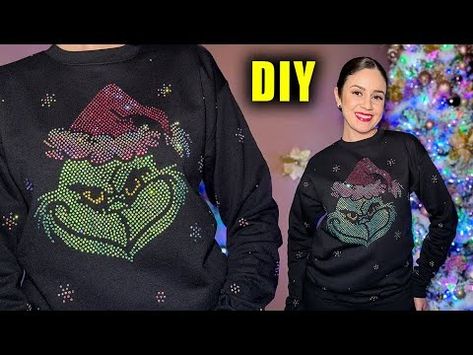 HOW TO MAKE A BLING GRINCH SWEATSHIRT USING HOTFIX RHINESTONES! || LUCYKIINS - YouTube Grinch Sweatshirt, Rhinestone Sweater, Grinch, Christmas Sweaters, To Create, Vinyl, Sweatshirts, Christmas