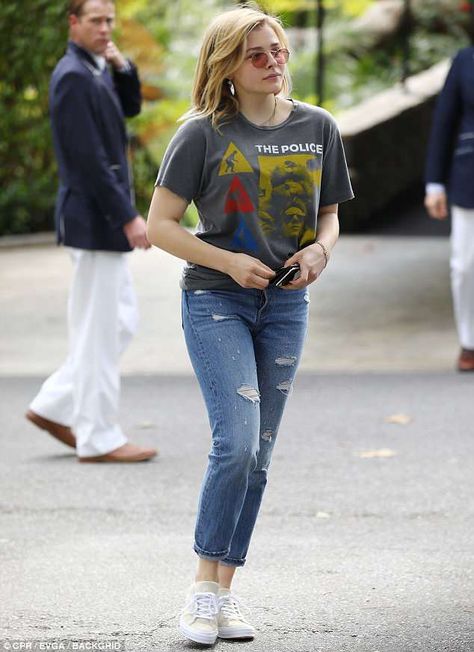 Chloe Grace Moretz in vintage while out in LA | Daily Mail Online Hotel Bel Air, Chloe Grace Mortez, Police Shirts, Models Off Duty Style, Chloë Grace Moretz, Chloe Moretz, Grace Moretz, Style Steal, Distressed Boyfriend Jeans