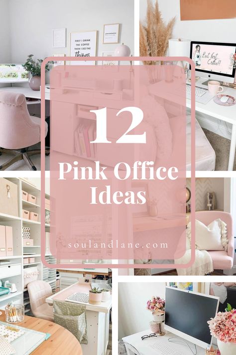 Accessorize with rose gold desk organizers, picture frames, and lamp bases for a cohesive, sophisticated look. A plush, pink velvet office chair adds comfort and luxury, encouraging hours of inspired work. Complete the ambiance with potted plants in decorative pink pots and artwork that complements the pink theme, creating a workspace you’ll have a crush on and where ideas flow freely. Home Office Above Desk Decor, Pretty Office Space At Work, Small Feminine Home Office, Cute Pink Office, Neutral Pink Office, Light Pink Office Ideas, Pale Pink Office, Rose Gold Office Furniture, Pastel Pink Decor