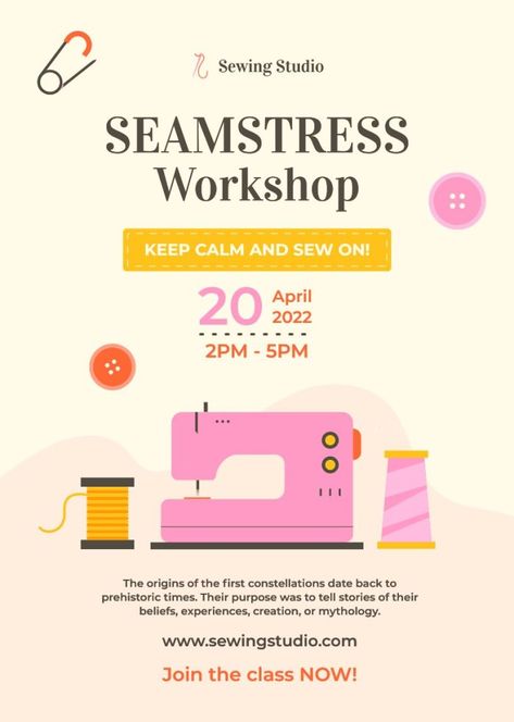 Doodle Flat Seamstress Workshop Poster Graphic Design Workshop Poster, Seamstress Workshop, Workshop Poster Design, Workshop Poster, Workshop Design, Sewing Business, Sewing Workshop, Brand Kit, Home Poster