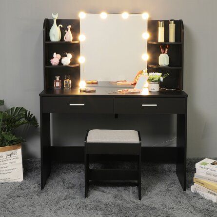 Latitude Run® Engelsman Vanity Set with Stool and Mirror | Wayfair Black Bedroom Vanity, Vanity Ideas Bedroom Black, Black Vanity Bedroom, Makeup Area In Bedroom, Black Makeup Desk, Black Vanity Table, Black Vanity Desk, Black Makeup Vanity, Lights Makeup