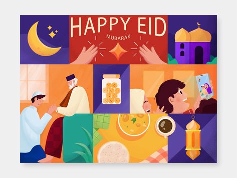 Happy Eid Mubarak Ramadan Design Ideas, Raya Illustration, Eid Mubarak Illustration, Ramadan Illustration, Box Hampers, Eid Card, New Illustration, Adobe Illustrator Design, Happy Eid Mubarak