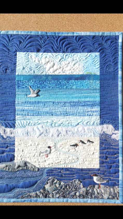 Sheena Norquay Quilts, Seascape Quilts Patterns, Beach Panel Quilt, Quilting Water Designs, Ocean Quilts Ideas, Sheena Norquay, Fabric Landscape, Beach Quilts, Seascape Quilts