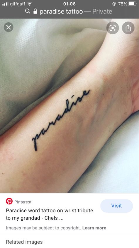 Paradise Word Tattoo, Paradise Tattoo Word, Paradise Tattoo, Diet Mountain Dew, Bts Tattoos, Tattoos Art, Mountain Dew, Word Tattoos, Maybe Someday