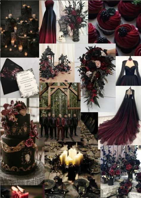 Gothic Fairy Wedding Ideas, Dark Quince Theme, Goth Fantasy Wedding, Dark Acadamia Weddings, Goth Wedding Inspiration, Dark Purple And Red Wedding Theme, Dark Fantasy Wedding Aesthetic, Gothic Farmhouse Wedding, Emo Wedding Ideas