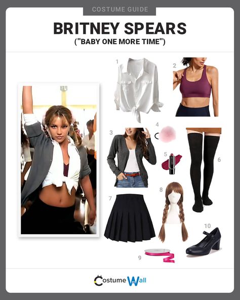 Britney Spears (”Baby One More Time”) Costume Music Icon Costume Ideas, Music Icons Costume Ideas, Baby One More Time Britney Spears, Britney Spears Baby One More Time, Baby One More Time Costume, Musical Halloween Costumes, Music Costume Ideas, Iconic Music Video Outfits, Music Video Costumes