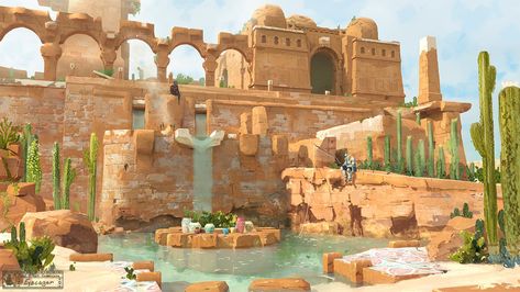 Desert Kingdom Concept Art, Desert Temple Concept Art, Desert Town Concept Art, Temple Concept Art, Desert Palace, Desert Temple, Location Inspiration, Landscape Concept, Desert Art