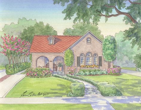 Feel Aesthetic, Spanish Exterior, House Portrait Painting, Spanish Bungalow, Watercolor House Portrait, Architectural Art, Bungalow Homes, Garden Illustration, Custom House Portrait