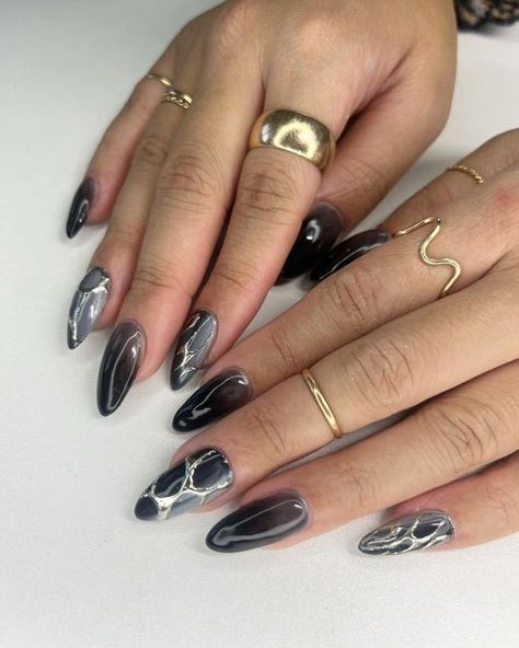 Nails That Go With Silver Jewelry, Dark Pearl Nails, Cute Dark Nails Designs, Cool Nail Inspo Dark, Dark Angel Nails, Siren Nails Dark, Dark Simple Nails, Stormy Nails, Dark Fairy Nails