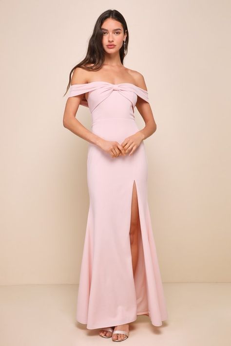 Everyone will see you as the most captivating vision in any room with the Lulus Elegant Perception Light Pink Off-the-Shoulder Bow Maxi Dress! Stretchy crepe knit shapes this sensational dress that features a princess-seamed bodice adorned with an oversized, bow-inspired detail that creates a foldover, off-the-shoulder neckline (with hidden no-slip strips), all framed by wide straps. The high, fitted waist tops a figure-flaunting, mermaid-style skirt that falls to a sweeping maxi hem with an ult Light Pink Maxi Dress, Light Pink Bridesmaids, Light Pink Bridesmaid Dresses, Maid Of Honour Dresses, Light Pink Dress, Pink Prom Dress, Pink Bridesmaid Dresses, Bridal Party Dresses, Pink Maxi