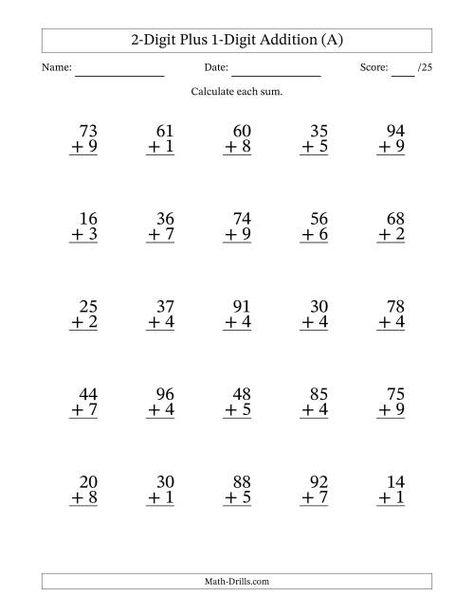 The 2-Digit Plus 1-Digit Addition With Some Regrouping (25 Questions) (A) Math Worksheet Division Worksheets Grade 4, Division Facts Worksheets, Substitute Teacher Tips, Math Exam, Addition With Regrouping, 25 Questions, Math Drills, Math Subtraction, Maths Exam