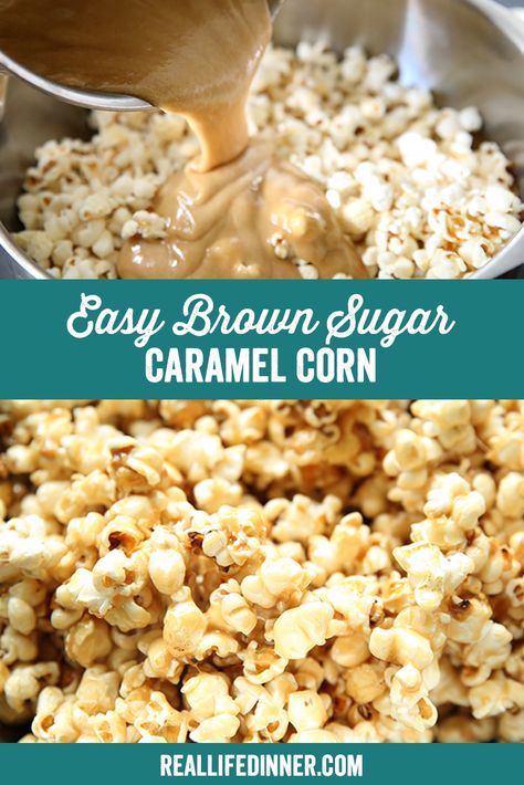 Easy Brown Sugar Caramel Corn ~ https://reallifedinner.com Easy Caramel Corn Recipe, Caramel Popcorn Recipe Easy, Caramel Corn Easy, Homemade Kettle Corn, Popcorn Recipes Sweet, Kettle Corn Recipe, Brown Sugar Caramel, Popcorn Balls Recipe, Chocolate Caramel Slice