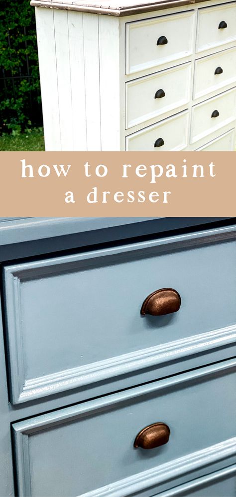 How To Repaint Dresser, Diy Oak Dresser Makeover, Nursery Dresser Refurbished, Six Drawer Dresser Makeover, Painted Dresser Makeover, Green Diy Dresser, Mdf Dresser Makeover, Painting Dressers Ideas, Dresser Makeover Nursery