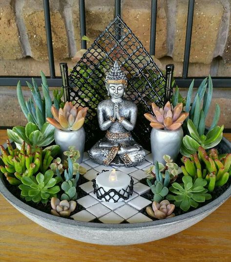 Buddha Decor Living Room, Small Water Gardens, Cactus Terrarium, Mini Zen Garden, Buddha Garden, Zen Garden Design, Meditation Room Decor, Buddha Decor, Meditation Garden