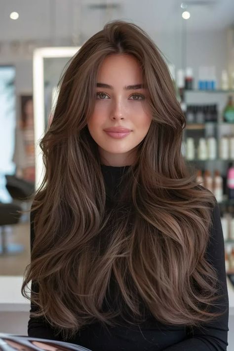 Elevate your hair with these 38 Divine Dark Brown Hair Balayage Hairstyles! 💇‍♀️ Achieve beautiful dimensional hair with a mix of subtle caramel or rich chestnut tones that add depth and vibrance to your look. Whether you're going for soft, natural highlights or a bold balayage transformation, these styles will give you the inspiration you need for your next salon visit. Get ready to turn heads with these stunning balayage looks!   If you liked it, please give it a 👍Like  Share your thoughts in the 💬Comments below!   👉 Follow  for more such content  Cc:- gemmaetc.com Mochachino Brown Hair, Danielle Bernstein Hair, Brunette Old Money Hair, Old Money Burnett Hair, Level 7 Brown Hair, Light Chocolate Brown Hair Color Caramel, Latte Brown Hair Color, Long Hair Inspo Brunettes, Brown Hair With Extensions