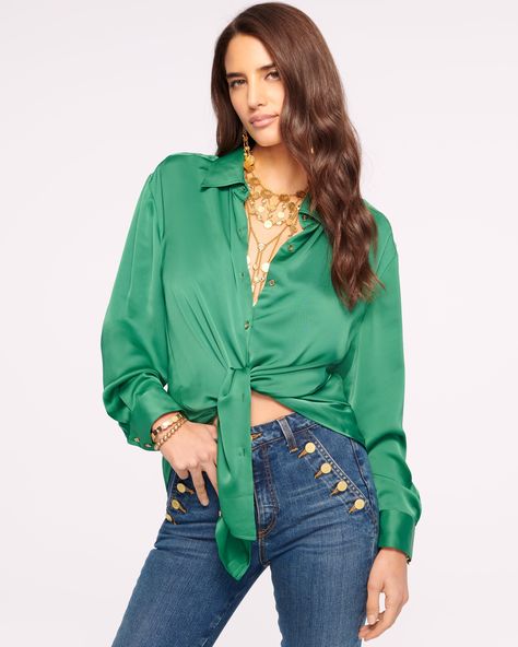 JEWEL GREEN|1 Kelly Green Button Down Shirt Outfit, Green Button Down Shirt Outfit, Button Down Shirt Outfit, Ramy Brook, Tops And Blouses, Designer Tops, Green Button, Button Up Blouse, Button Down Blouse