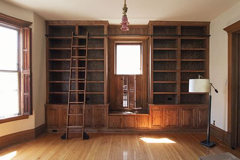 Study Shelves, Library Seating, Home Library Decor, Floor To Ceiling Bookshelves, Home Library Rooms, Library Bookshelves, Ladder Bookshelf, Library Room, Library Shelves