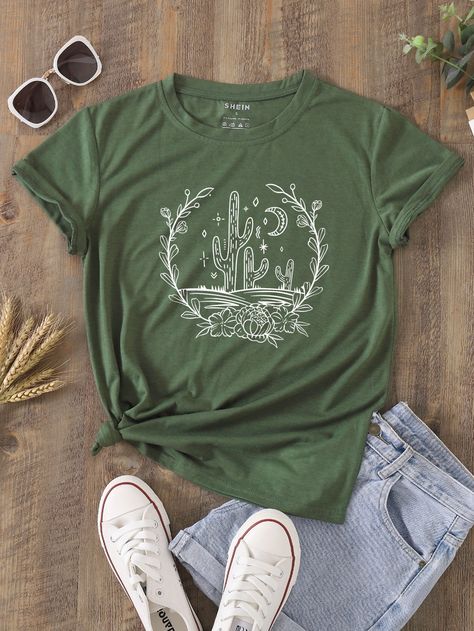 Super Casual Outfits Summer, Cute T-shirts, Shien Clothes Outfits, Cute Summer Outfits For School, Shein Tshirt, Cute T Shirts For Women, Cactus T Shirt, Hipster Outfits Summer, Cute Tee Shirts