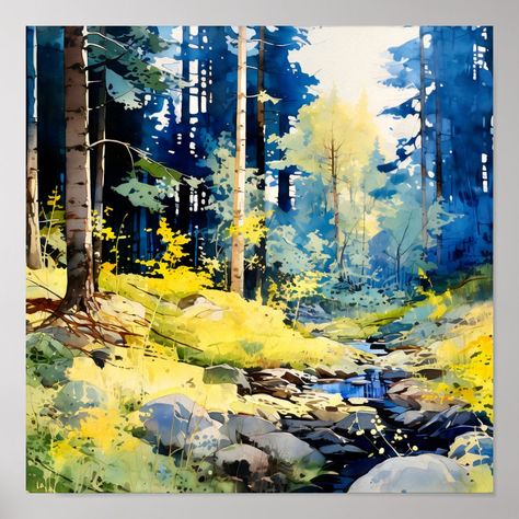 Blue Yellow Forest Painting Poster. Sunlit Forest Watercolor, Abstract Forest Painting, Spring Woods, Summer Landscape Painting, Yellow Forest, Forest Drawing, Tree Paintings, Abstract Tree Painting, Watercolor Forest