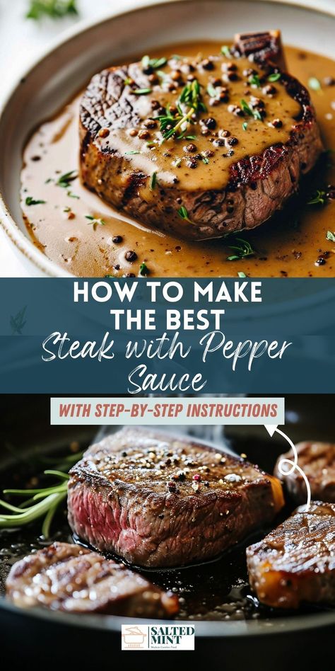 This easy-to-make sirloin steak, is seasoned to perfection and served with a creamy peppercorn sauce. Whether it's for a special date night in or a Valentine's celebration, this recipe adds a touch of sophistication to any evening. Our grilled or pan-seared sirloin steak recipes are not just simple to prepare but also cater to a healthier lifestyle. Indulge in the flavors of a classic steak au poivre at home and enjoy a memorable steak dinner. Steak In Sauce Recipes, Peppercorn Marinade For Steak, Peppercorn Demi Glaze, Steak Au Poivre Recipe Peppercorn Sauce, Peppercorn Steak Recipe, Sirloin Top Steak Recipes, Top Sirloin Steak Dinner Ideas, Pan Seared Tenderloin Steak, Recipes With Petite Sirloin Steak