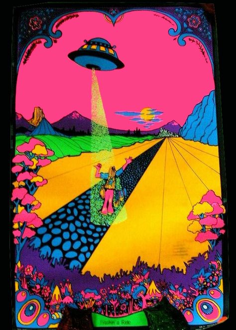 Flying Saucer about to beam up a Hippie. Vintage Psychedelic 1971 Black Light POSTER. Art by Miilian Marriot, named "Hitchin a Ride" Yellow Goth, Hippie Patterns, Crew Logo Design, Vivid Dream, Trippy Posters, Hippy Art, Dont Talk To Me, Dr Manhattan, Blacklight Posters