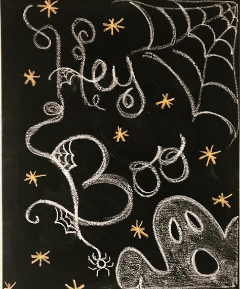 Fall Chalkboard Wall Art, Fall Halloween Chalkboard Art, Hey Boo Chalkboard Art, Spooky Season Chalkboard Art, Fall Chalkboard Art Diy Easy, Cute Halloween Chalkboard Ideas, Halloween Chalkboard Ideas Easy, Halloween Blackboard Chalk Art, Ghost Chalkboard Art