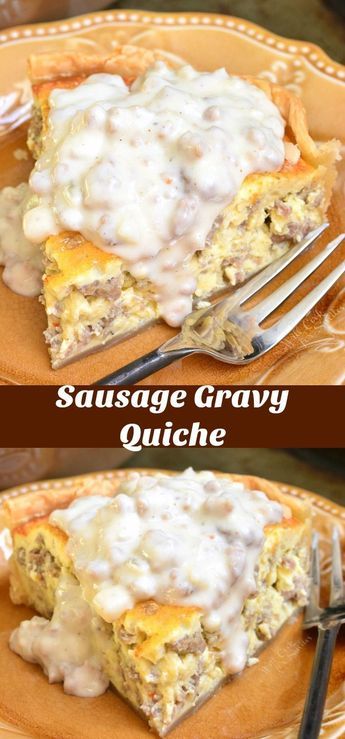 Quiche with Sausage Gravy. Creamy, fluffy sausage quiche made extra comforting by addition of homemade sausage gravy on top. #breakfast #brunch #quiche #eggs #sausage #gravy Quiche With Sausage, Chorizo Gravy, Quiche Sausage, Comforting Breakfast, Cooking Risotto, Egg Gravy, Brunch Quiche, Homemade Sausage Gravy, Sausage Quiche