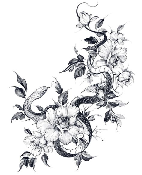 Snake Flower Back Tattoo, Snake With Flowers Drawing, Snake With Flowers Tattoo, Snake And Flower Tattoo, Dragon Hand Tattoo, Snake And Flowers Tattoo, Floral Skull Tattoos, Girl Flower Tattoos, Word Tattoos With Meaning